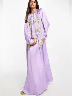 Lavender Floral Embroidered Maxi Dress